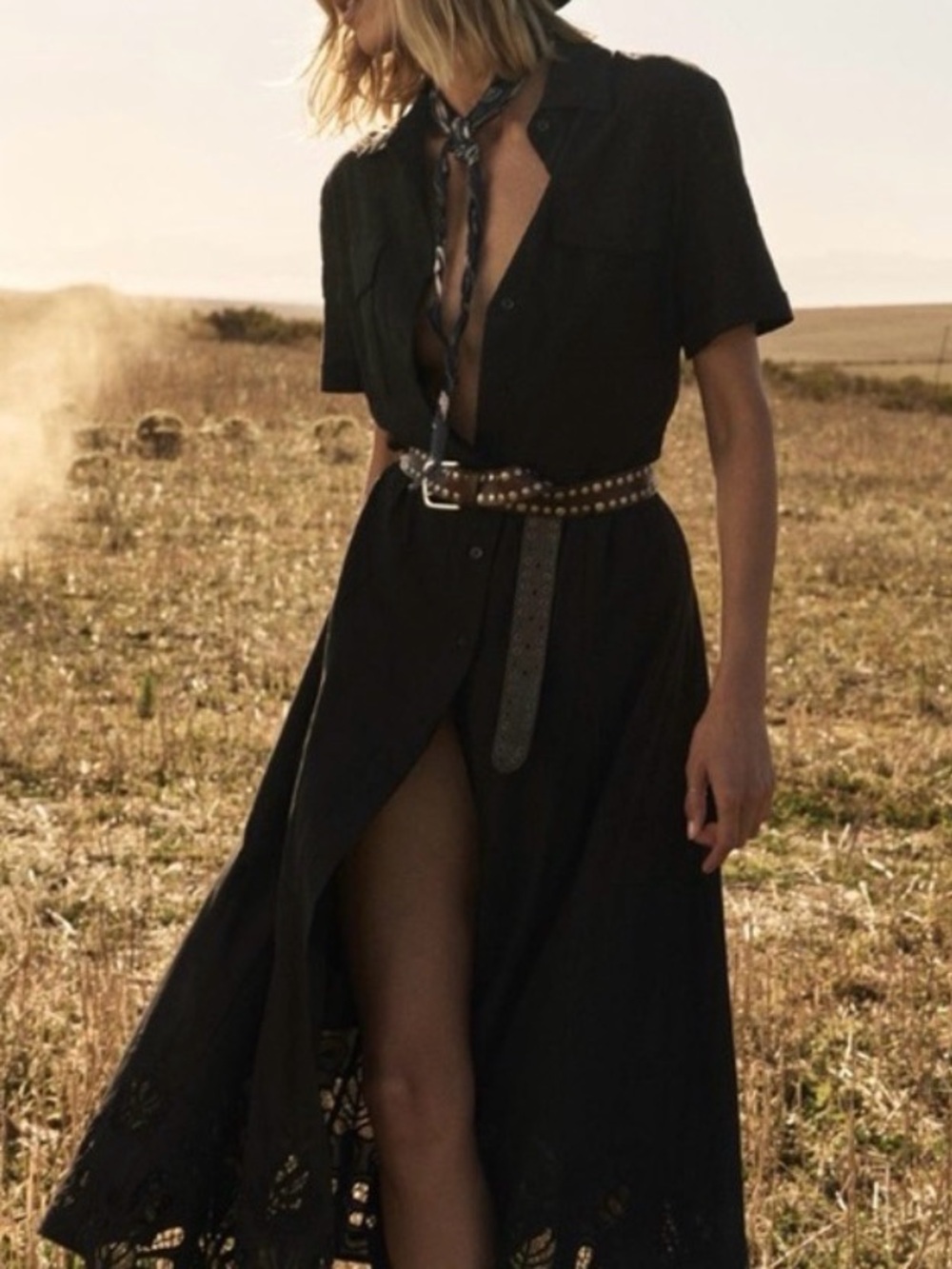 Zara Black Button-Front Midi Dress with Eyelet Hem